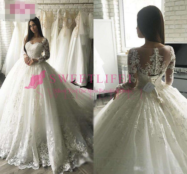 New Princess Style Jewel Neck Wedding Dresses A Line Long Sleeve Back Cover Button Sweep Train Country Church Bridal Gown Custom Made