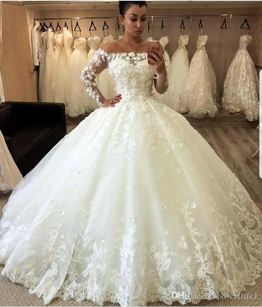 Ivory A Line Wedding Dresses Long Sleeves 3D Flora Appliques Wedding Dresses Bride Gown Sheer Neck Ball Gown