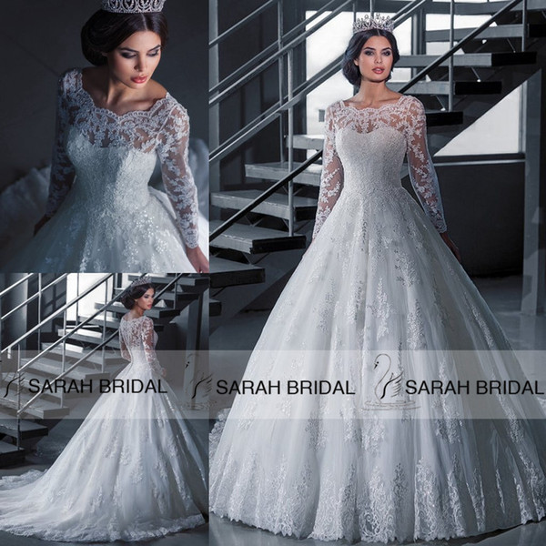 Elegant Lace Appliques Wedding Dresses Scoop Neck Long Illusion Lace Sleeves A Line Bridal Gowns Sheer Neck Floor Length