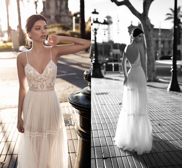 Gali Karten Classical Spaghetti Straps Wedding Dresses Lace Appliques A Line Backless Floor Length Boho Beach Wedding Dresses Bridal