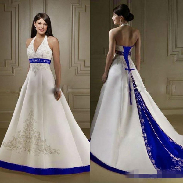 Court Train Ivory and Royal Blue A Line Wedding Dresses Halter Neck Open Back Lace Up Custom Made Embroidery Wedding Bridal Gowns