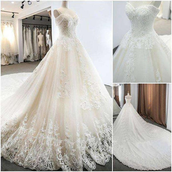 Eleagnt Sweetheart Neck A Line Wedding Dresses Lace Appliques Sweep Train Church Garden Wedding Dresses Bridal Gowns