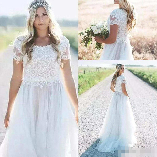 Modest Beach Bohemian Wedding Dresses Short Sleeves A Line Chiffon Long Bridal Gowns Cheap Wedding Dress vestido de novia