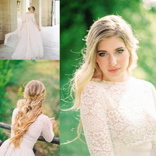 Modest Bohemian Lace Beach A Line Wedding Dresses Crew 3/4 Long Sleeves Chiffon A-line Bridal Dresses Vintage Simple Wedding Gowns