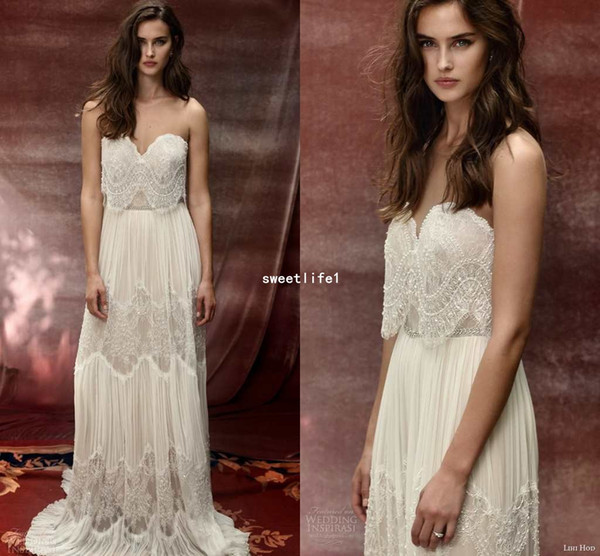 Bohemian Ivory Strapless Wedding Dresses Pearls Lace Details Floor Length Bridal Gown For Garden Outdoor Wedding Beach Style