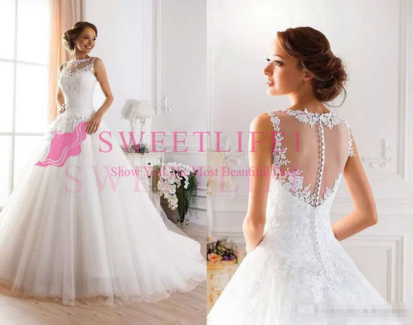 Sexy A-Line Sheer Wedding Dresses Beaded Lace Appliques Back Cover Button Princess Bridal Gown Custom Made Hot Sale