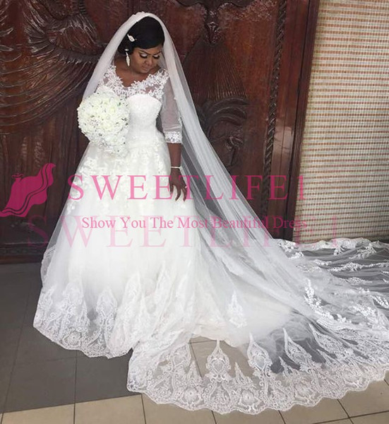 White Long Sleeve Wedding Dresses V Neck Appliques Sweep Train South Africa Style Bridal Gown Custom Made