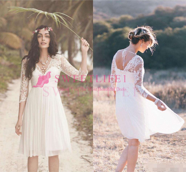 Boho Short Lace Wedding Dresses with Long Sleeves Modest V-neck Backless Country Farm Holiday Beach Seaside Knee-length Bridal Gown