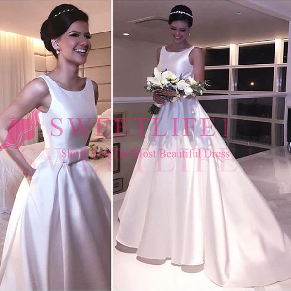 Charming White Satin A Line Wedding Dresses Jewel Neck Sweep Train Belt Bow Country Style Bridal Gown Custom Made Hot Sale