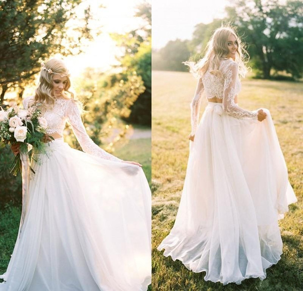 Bohemian Two Piece Wedding Dresses With Long Sleeve Lace Chiffon A Line Sweep Train Bridal Gown Custom Made Hot Sale Garden Bridal