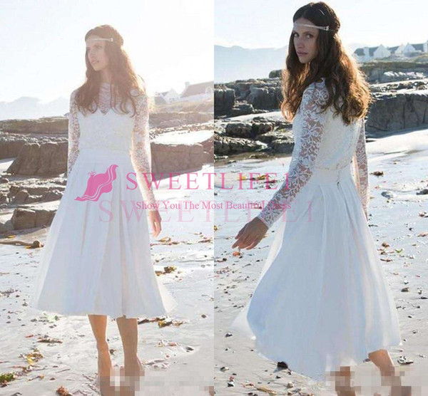 Tea-length Short Wedding Dresses with Long Sleeve Modest High Neck Lace Summer Holiday Beach Boho Seaside Bridal Wedding Gown