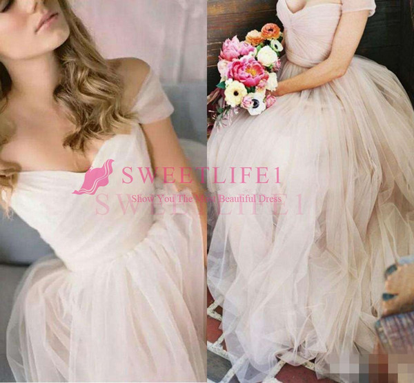 Blush Champagne Fairy Wedding Dresses Off Shoulder A Line Pleats Sweep Train Garden Beach Country Bridal Gowns Vestido De Novia