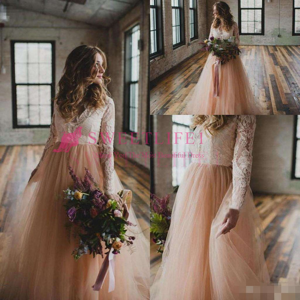 Vintage Country Wedding Dresses with Long Sleeves Lace Blush Tulle V Neck Bohemia Garden Beach Plus Size Bridal Wedding Gowns Cheap