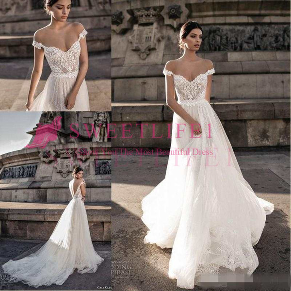 Hot Sell Sheer Bohemian Wedding Dresses Off the Shoulder Lace Tulle Sweep Train Backless Bridal Gowns