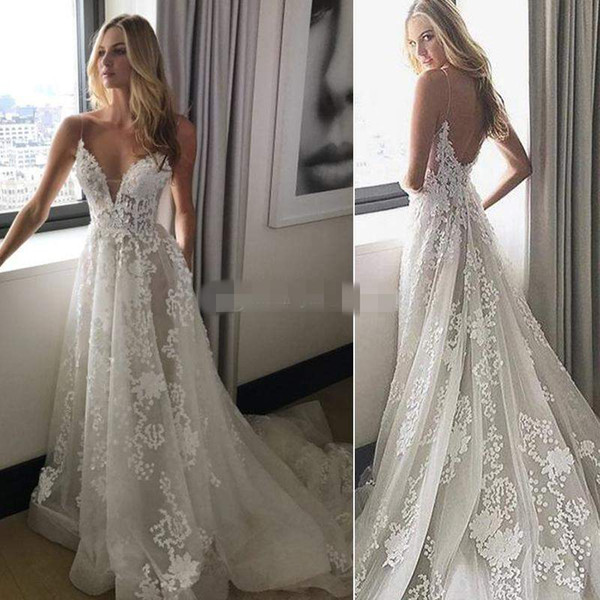 Sexy Backless Wedding Dresses Deep V Neck Spaghetti Straps Embroidery Appliques Tulle Beach Wedding Gowns Cheap Lace Bridal Dresses