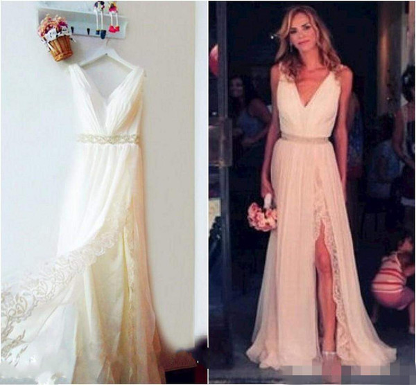 Spring Bohemian Wedding Dresses V-Neck A-Line Split Side Sweep Train Beach Wedding Dresses Open Back Bridal Gowns Chiffon Lace