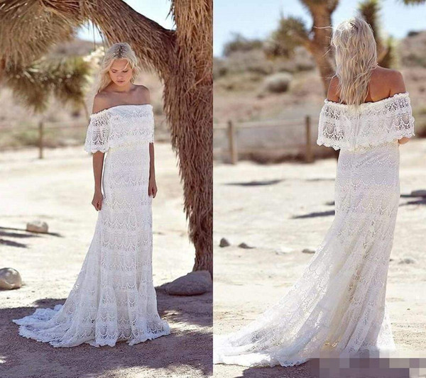 Simple Full Lace Country Boho Wedding Dresses Off The Shoulder Sweep Train Short Sleeves Cheap Beach Bohemian Bridal Gowns Plus Size