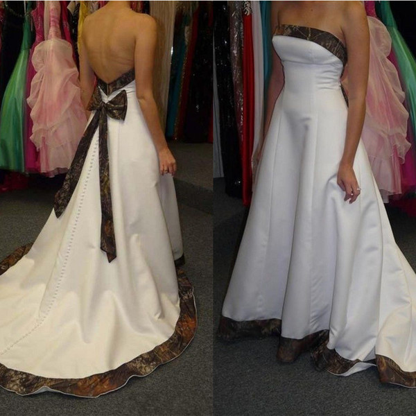Strapless A Line Camo Wedding Dresses Sweep Train Country Style Bridal Gowns Bow Sash Back Covered Buttons Custom Made