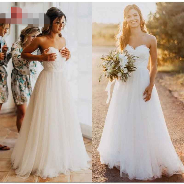 Elegant Tulle Beach Wedding Dresses Sweetheart Lace A line Simple Cheap Bridal Gowns Country Wedding Dress