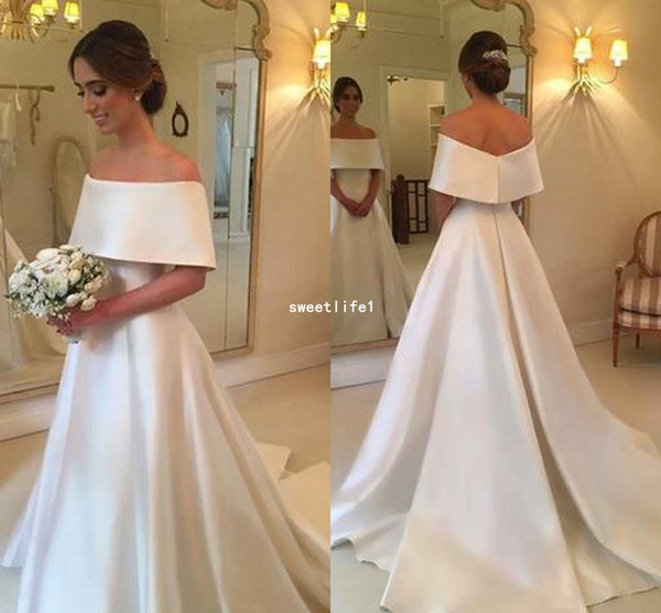 A-line Off The Shoulder Satin Wedding Dresses For Bride Elegant Sweep Train Outdoor Bridal Gown