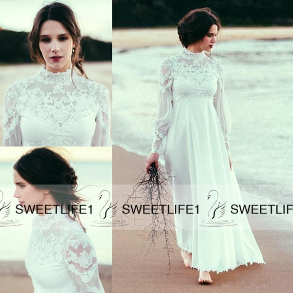 Sheer Long Sleeves Modest Maternity Bohemian Beach Bridal Gowns Empire Waist Chiffon High Quality Lace Cheap A Line Wedding Dresses