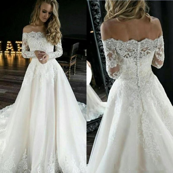 Vintage Long Sleeves Lace Wedding Dresses with Beades Sequins Appliques Off Shoulder Court Train Country Wedding Bridal Gowns