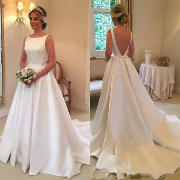 Hot High Quality Jewel A-line Satin Sleeveless Wedding Dresses With Sexy Backless Sweep Train Bridal Wedding Gowns