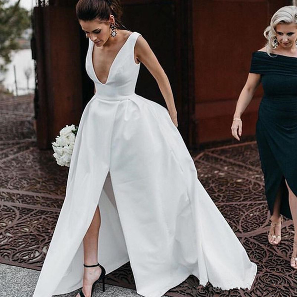 Hot Sale White Ivory Deep V-neck Satin Sleeveless Simple Wedding Dresses Sexy Backless Front Split Long Dresses For Bride