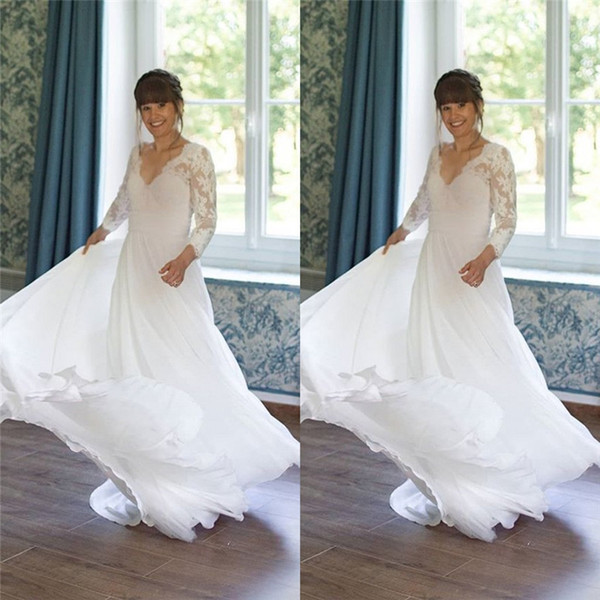 Simple V-neck Aline Chiffon Wedding Dresses With Long Sleeves Floor Length Beach Bridal Wedding Dress