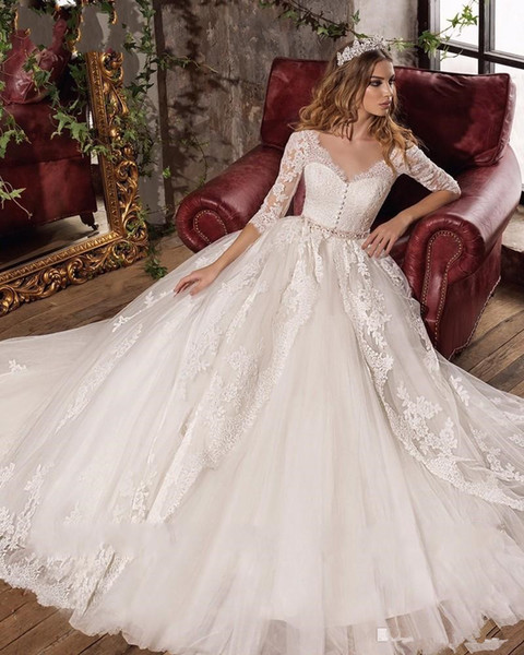 New Design Sexy V-Neck Elegant Bow Princess Wedding Dresses Gorgeous Appliques Vestido De Noiva 3/4 Sleeves Hot Sale Plus Sizes