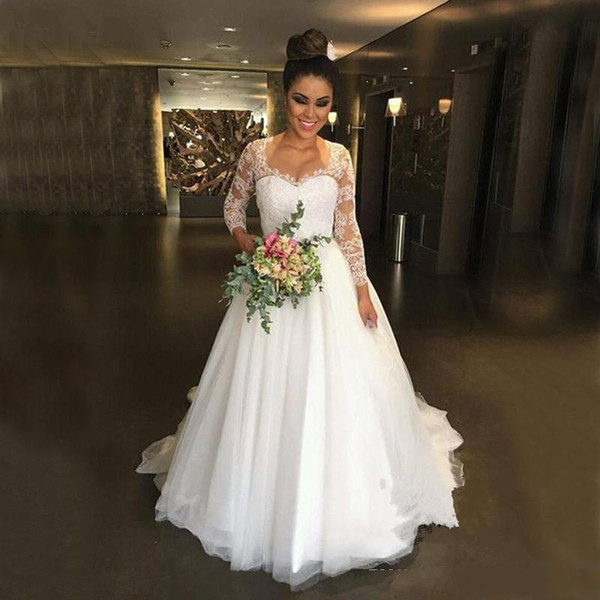 Custom Long Sleeves Lace Applqiues Wedding Dresses Jewel Neck Sweep Train Tulle Lace up Back A Line Wedding Bridal Gowns