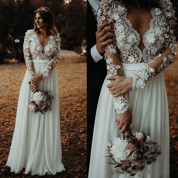 Generous Country Wedding Dresses Long Sleeves Side Split 3D Flowers Sheer O-Neck Button Back Floor Length Chiffon Beach Bridal Gowns