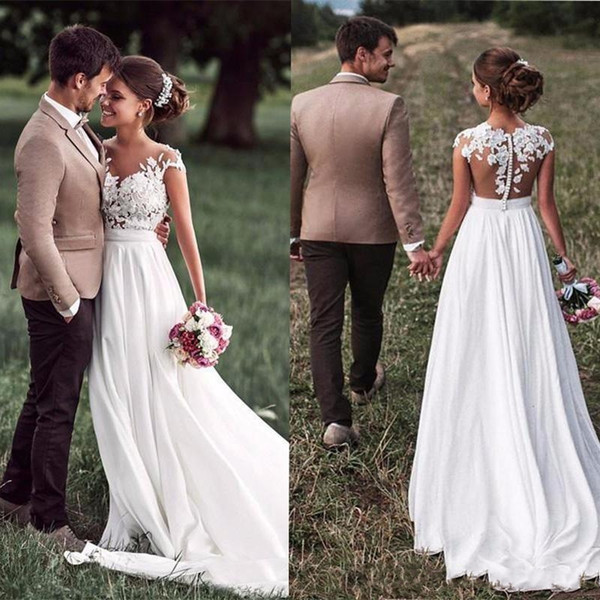 Hotsale Chiffon Wedding Dresses Lace Cap Sleeves Bridal Gown Sweep Train Covered Button Illusion Back Elegant Beach Wedding Gown