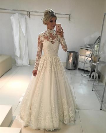 Vintage Wedding Dresses A-line High Neck Long Sleeves Lace Wedding Dresses Floor Length Bridal Wedding Gowns