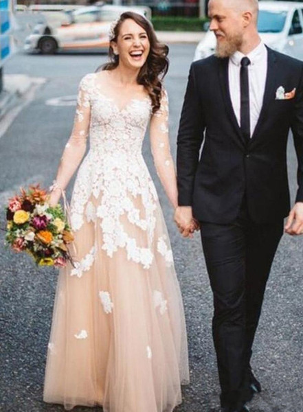 Vintage Champagne Long Sleeve Appliques Lace Wedding Dresses V-Neck Custom Made Country Wedding Dress robes de soirée