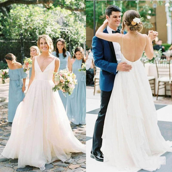 Sexy Open Back V-neck Wedding Dresses A Line Long New Simple Bridal Gowns Cheap Chiffon Bohemian Style Beach Boho Bride Dress