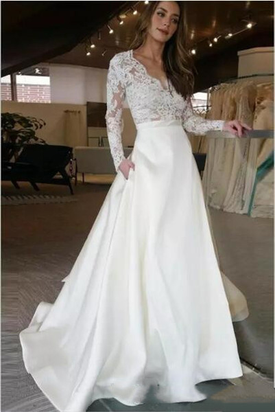 Gorgeous Long Sleeves Wedding Dress Lace Satin A line Floor Length Bridal Dress Wedding Gowns Custom Made