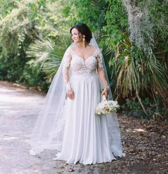 Plus Size Long Sleeve Wedding Dresses Sheer V Neck Illusion Backless With Split Lace Applique Chiffon Long Bridal Gowns Custom Made