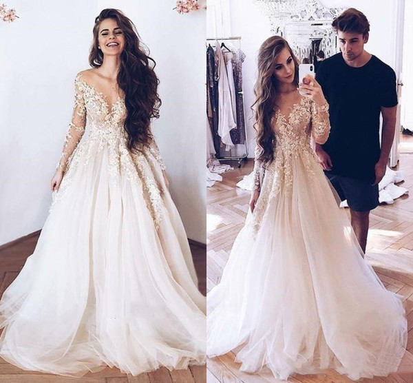 Modern Long Sleeves A Line Wedding Dresses With Appliques Summer Tulle Long Bridal Gowns Plus Size