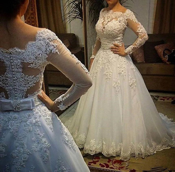 Long Sleeve A-Line Wedding Dresses Appliques With Beads Sheer Lace Tulle with Button Bride Dress