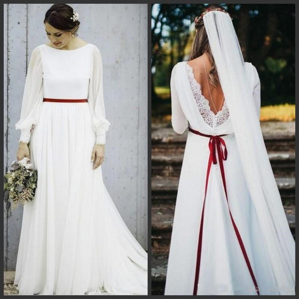 Plus Size A-line Wedding Dresses Bridal Gowns Beach Bohemian White Long Sleeves Lace Chiffon Bridal Dresses With Sashes Sweep Train