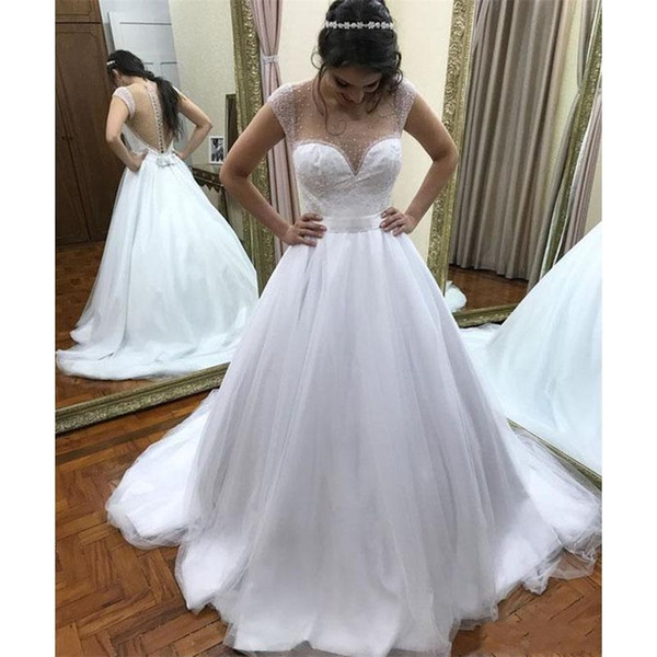 Simple Long Wedding Dresses New Sleeveless Sweep Strain Pearls Bow Illusion Wedding Gowns Bridal Dress Custom Made