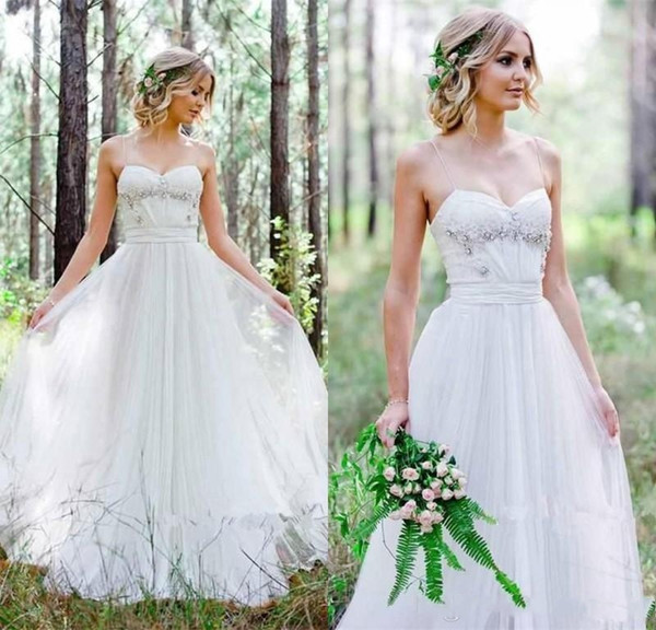 Modest Spaghetti Bohemian Wedding Dresses Beadings A-Line Simple Full length Lace Country Beach Bridal Wedding Dress