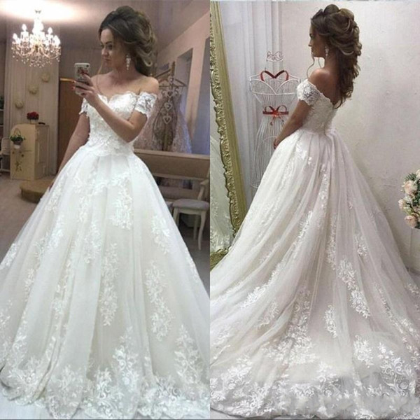 New Arrival Luxurious Ball Gown Wedding Dresses Off Shoulder Cap Sleeves Lace Appliques Sweep Train Plus Size Bridal Gowns