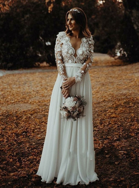 Charming Long Sleeves Lace Appliques Bridal Gowns Long V-Neck Chiffon Custom Made Plus Size Wedding Dress With Front Split Cheap