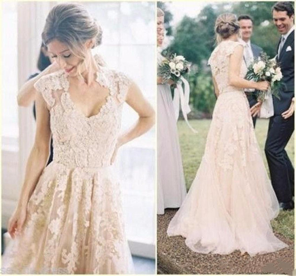 Lace A-line Wedding Dresses Scoop Neck Cap Sleeve A Line Back Zipper Country Style Bridal Gown Custom Made Hot Sale