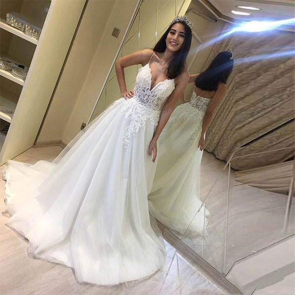 New Arrival A Line Long Train Illusion Wedding Dresses V-neck Spaghetti Straps Appliques Bridal Gowns New