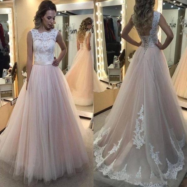 Elegant Lace Tulle Wedding Dresses A Line Sleeveless Appliqued Long With Lace-up Back Vestidos Bridal Gowns