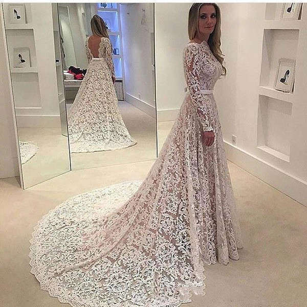 Elegant Lace Wedding Dresses Bow Behind With Backless Long Sleeves Sweep Train Backless Bridal Gowns Vestido