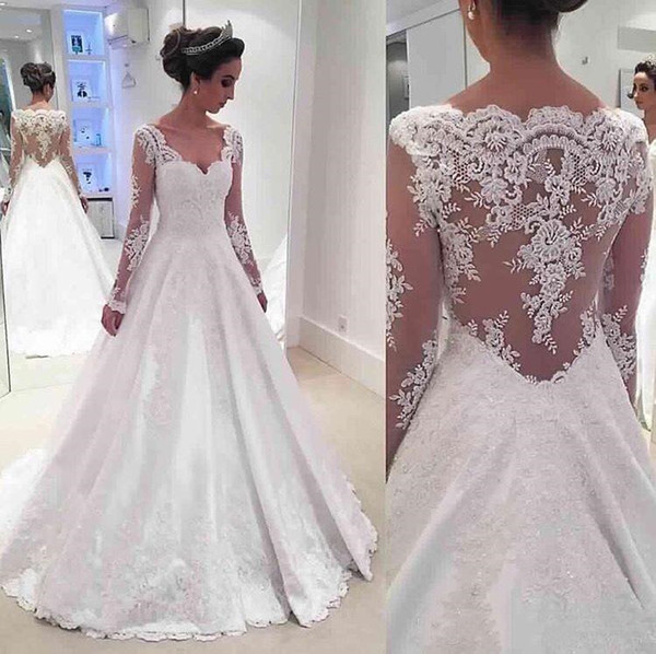 Elegant Satin A-line Wedding Dresses Appliqued Lace With Long Sleeves Illusion Back Bridal Gowns Modest Vestido De Novia